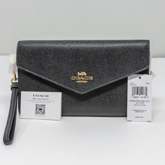 Large Roomy COACH Black Crossgrain Leather Travel Envelope Wristlet Wallet NWT - Picture 4 of 4